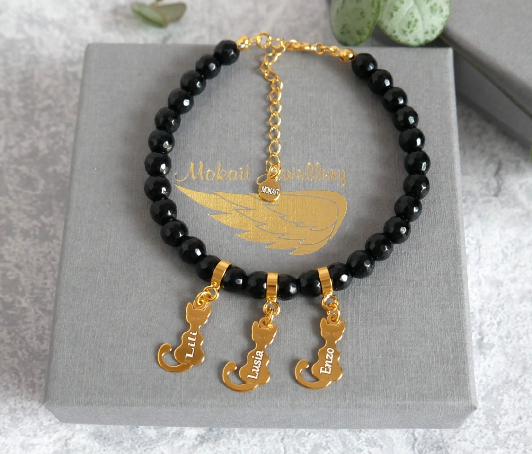 Bransoletka z kotami - Bransoletka koty z imionami - Kamień onyks czarny z zapięciem - Bizuteria dla kocich wielbicielek