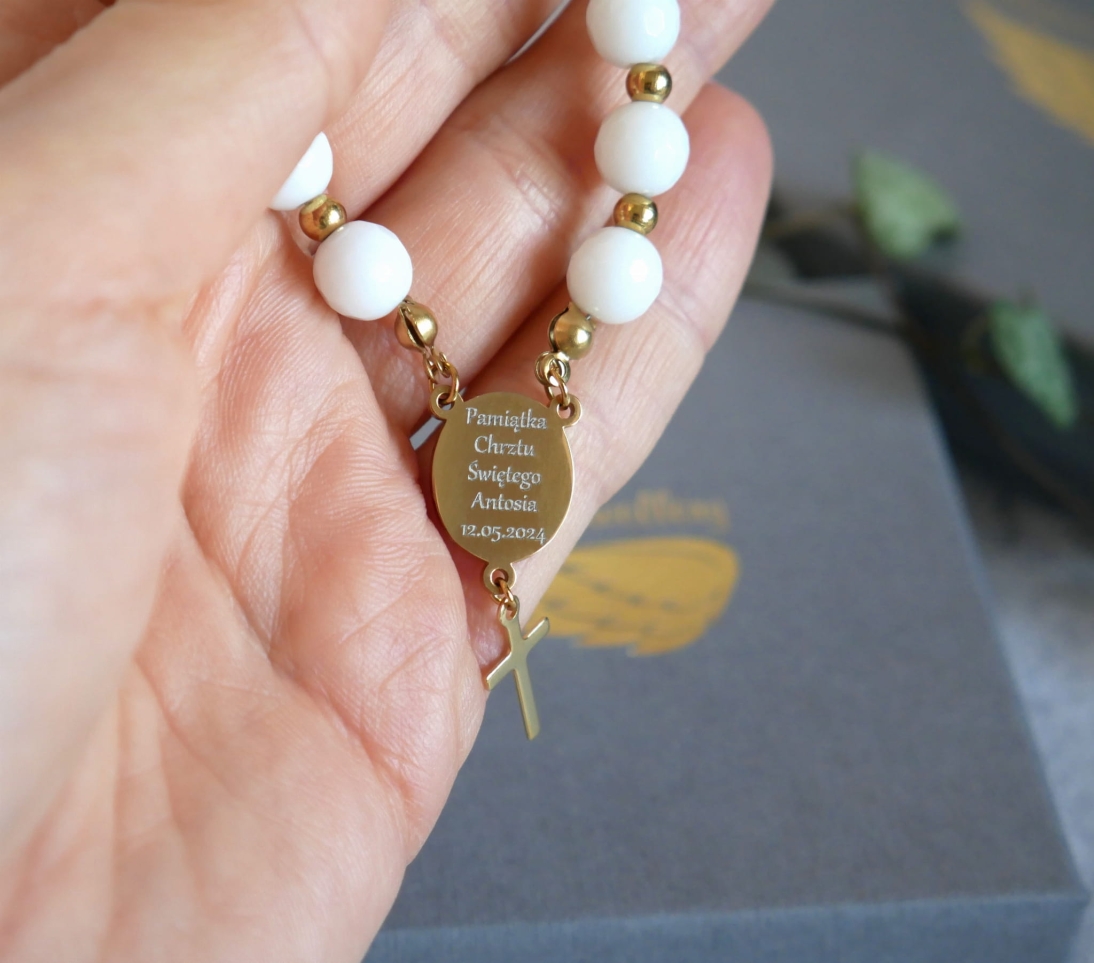 Pamiątka Chrztu Świętego - Bialy różaniec z grawerem - imie + data - Różaniec personalizowany - Pamiątka Chrztu Świętego - Bialy różaniec z grawerem - imie + data - Różaniec personalizowany
