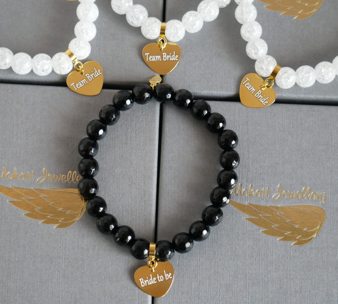 Zestaw bransoletek z kamieni na Wieczór Panieński z sercem 3+1 - Bride to be - Team Bride  - Zestaw bransoletek z kamieni na Wieczór Panieński z sercem 3+1 - Bride to be - Team Bride