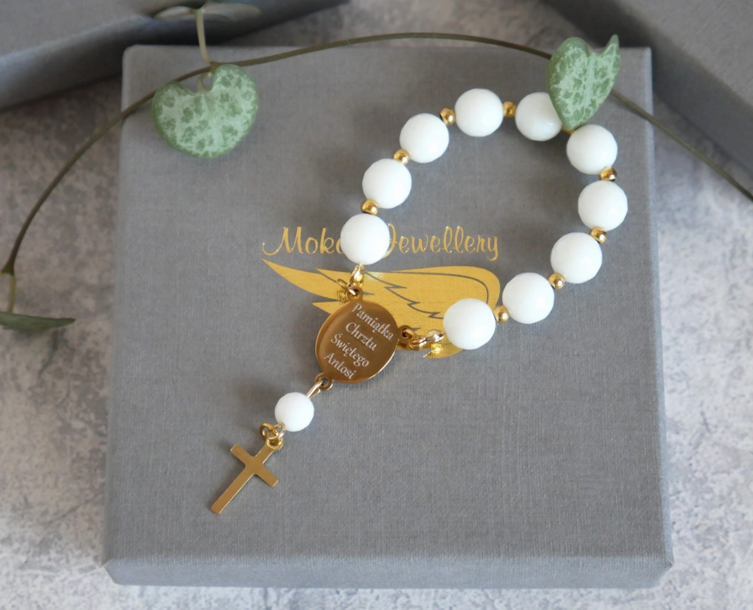 Pamiątka Chrztu Świętego - Bialy różaniec z grawerem - imie + data - Różaniec personalizowany - Pamiątka Chrztu Świętego - Bialy różaniec z grawerem - imie + data - Różaniec personalizowany