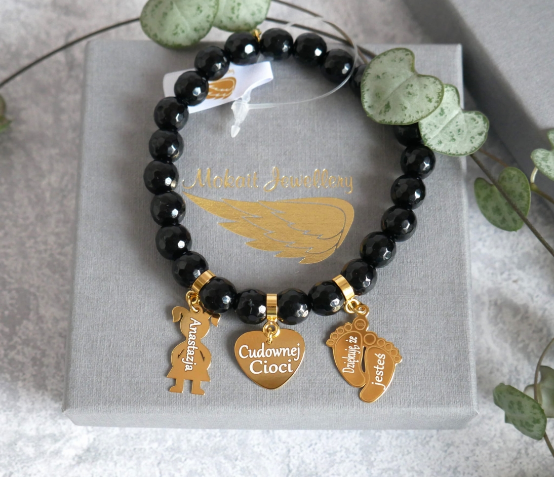 Bransoletka dla Cioci - kamień onyks czarny dowolne 3 zawieszki - Pomysł na prezent dla cioci - Bransoletka dla Cioci - kamień onyks czarny dowolne 3 zawieszki - Pomysł na prezent dla cioci