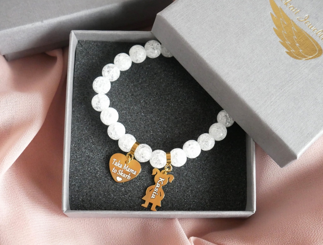 Dzień Mamy - Bransoletka dla mamy z imieniem - kamień Kryształ biały - Taka Mama to skarb - Biżuteria personalizowana dla Mamy  - Dzień Mamy - Bransoletka dla mamy z imieniem - kamień Kryształ biały - Taka Mama to skarb - Biżuteria personalizowana dla Mamy