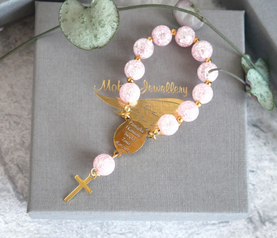 Pamiątka Pierwszej Komunii Świętej - Kamień kryształ Różowy różaniec z grawerem - imie + data - Różaniec personalizowany dziecięcy 