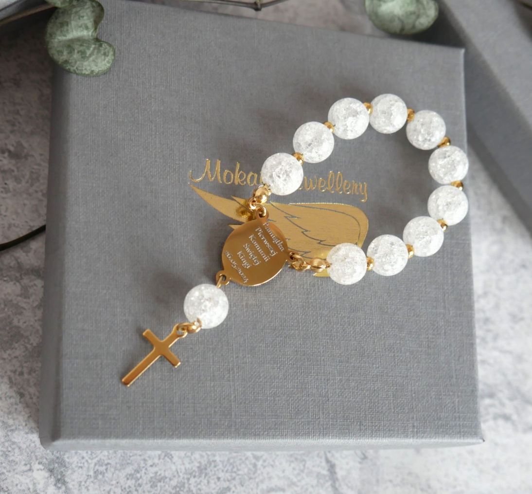 Pamiątka Pierwszej Komunii Świętej - Różaniec z grawerem - imie + data - Różaniec personalizowany dziecięcy - Dowolny grawerunek - Kamień Kryształ biały