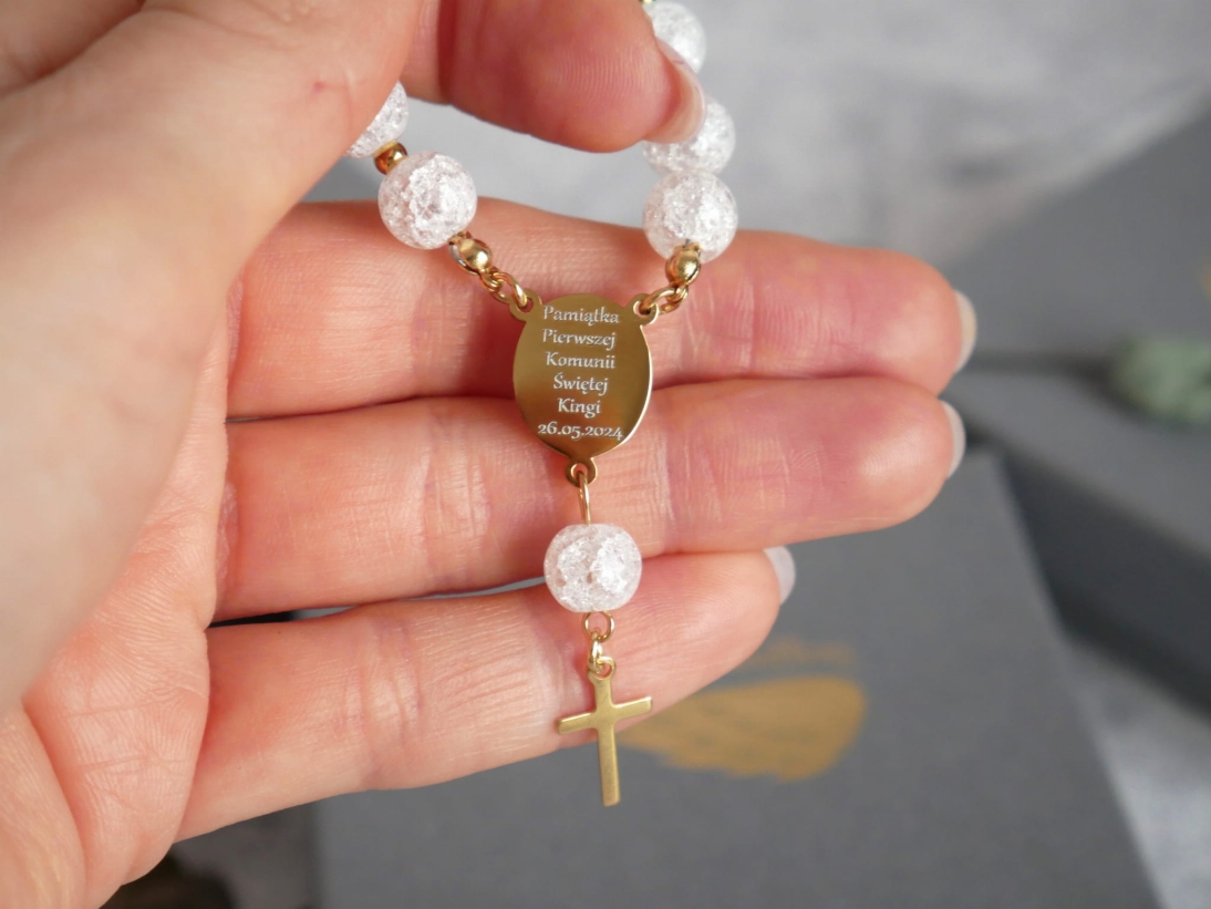 Pamiątka Chrztu Świętego - Różaniec dziecięcy - Różaniec z grawerem - imie + data - Różaniec personalizowany dziecięcy - Dowolny grawerunek - Kamień Kryształ biały  - Pamiątka Pierwszej Komunii Świętej - Różaniec z grawerem - imie + data - Różaniec personalizowany dziecięcy - Dowolny grawerunek - Kamień Kryształ biały