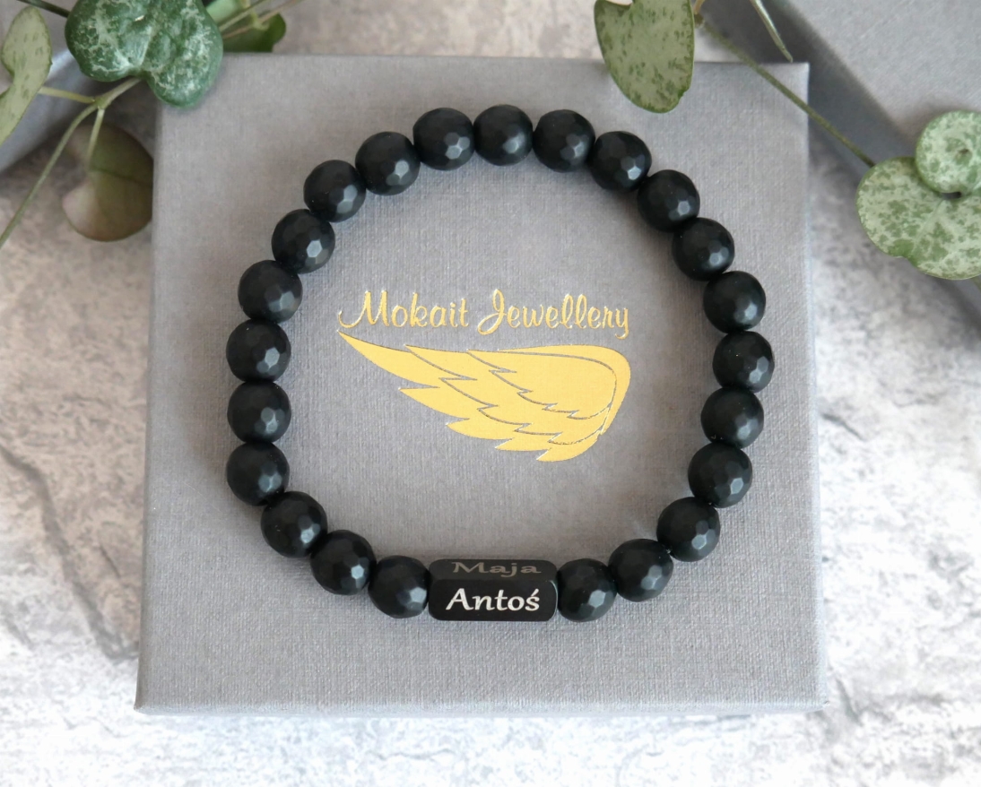 Bransoletka męska z imionami dzieci - bransoletka personalizowna kamien onyks czarny matowy - Bransoletka dla taty - Bransoletka męska z imionami dzieci - bransoletka personalizowna kamien onyks czarny matowy - Bransoletka dla taty