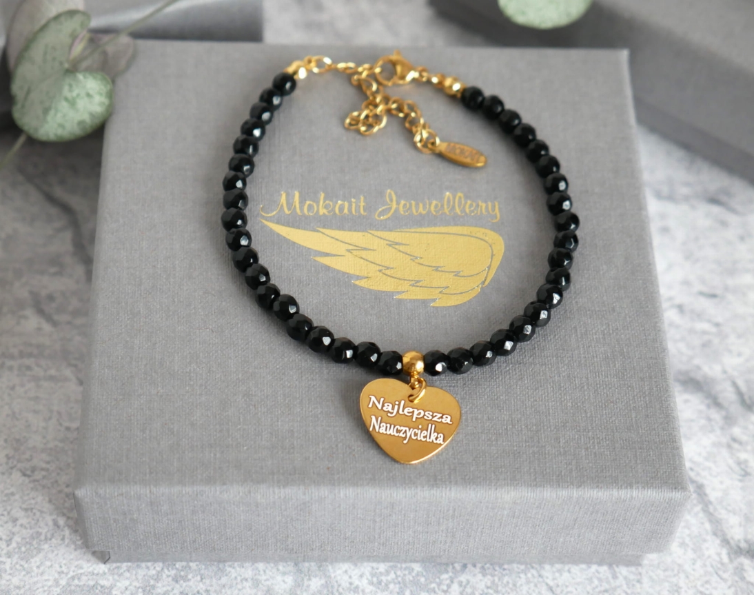 Bransoletka z sercem dla Nauczycielki - Pomysł na prezent na Zakończenie Roku Szkolnego - Kamień Onyks Czarny -  dowolna personalizacja  - Bransoletka z sercem dla Nauczycielki - Pomysł na prezent na Zakończenie Roku Szkolnego - Kamień Onyks Czarny -  dowolna personalizacja