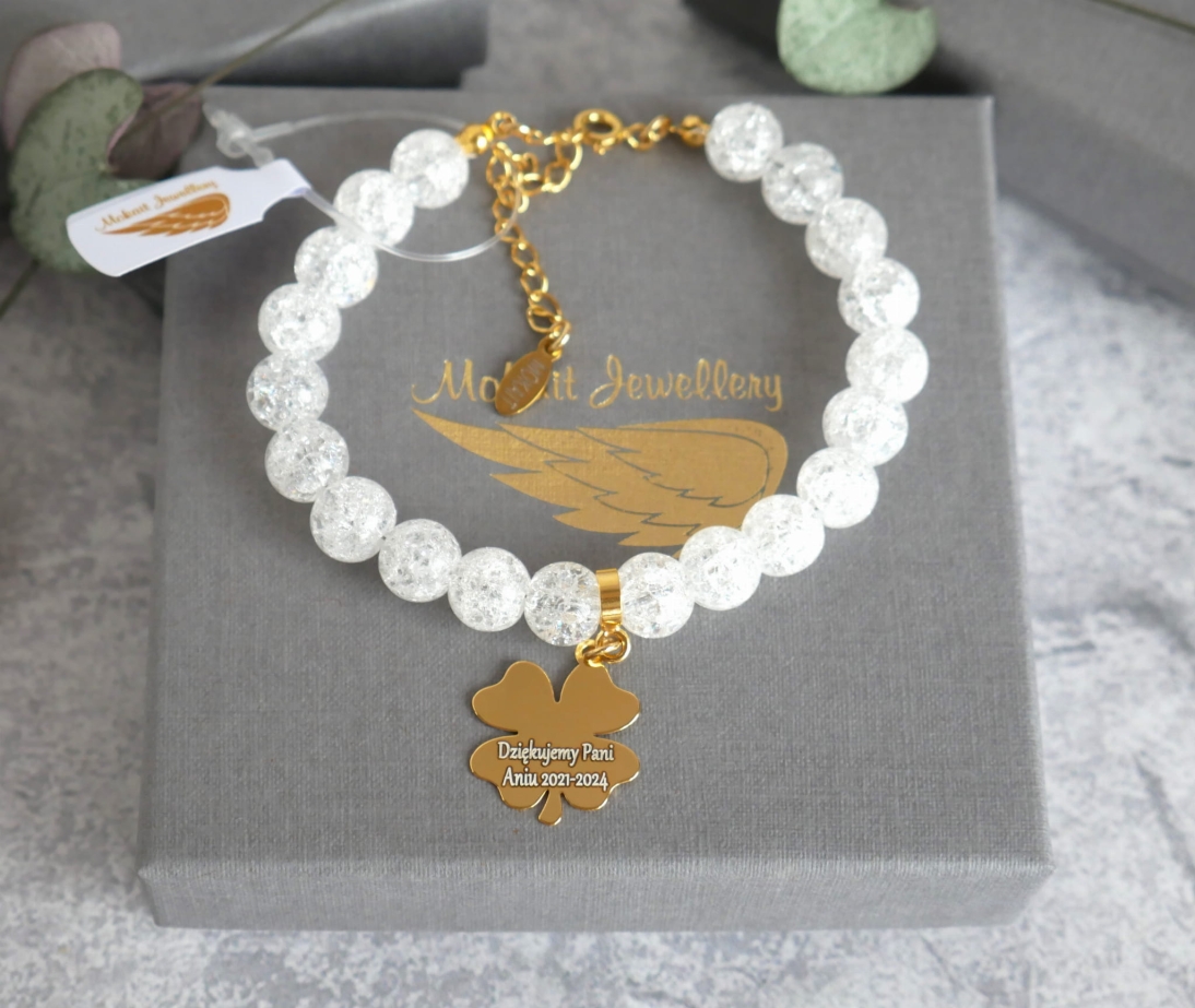 Bransoletka dla Nauczycielki z koniczyną - Pomysł na prezent na Zakończenie Roku Szkolnego - Kryształ biały - dowolna personalizacja  - Bransoletka dla Nauczycielki z koniczyną - Pomysł na prezent na Zakończenie Roku Szkolnego - Kryształ biały - dowolna personalizacja