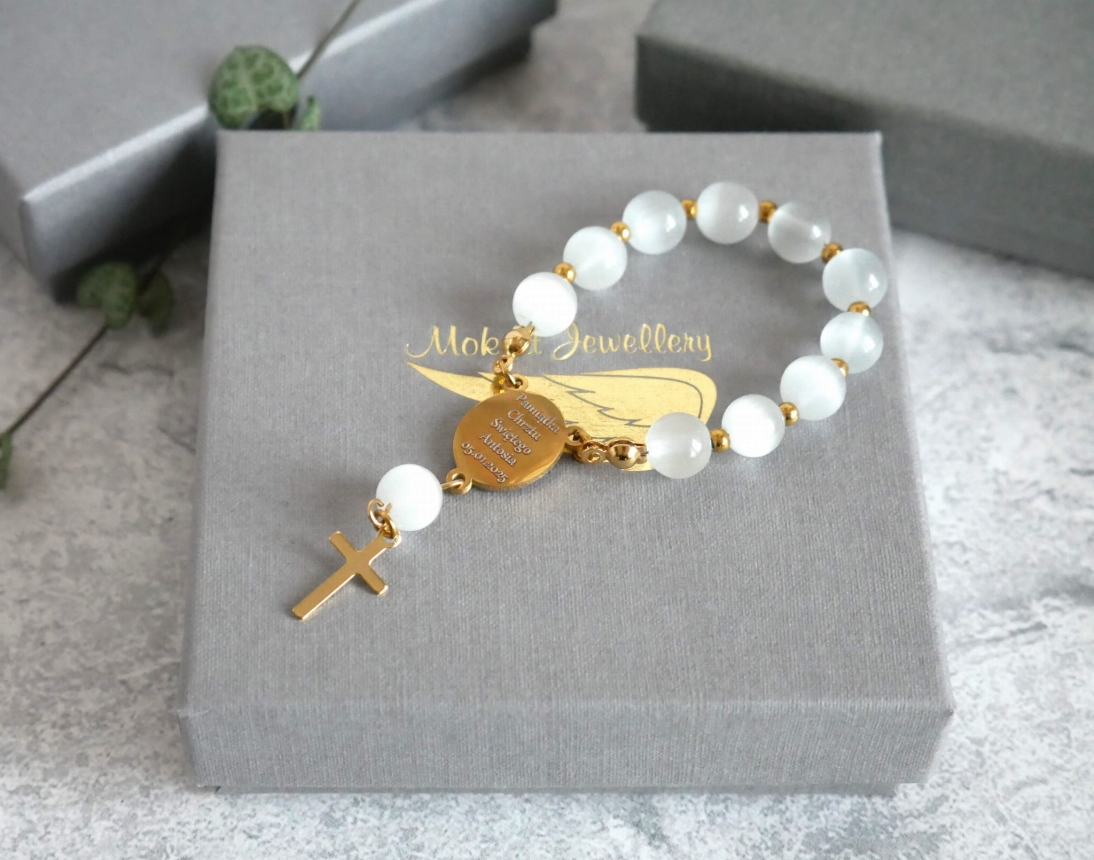 Pamiątka Chrztu Świętego – Jasny szary różaniec z grawerem – imie + data – Różaniec personalizowany – Dowolny grawer – Kamień jasne szare kocie oko - P1210556.JPG