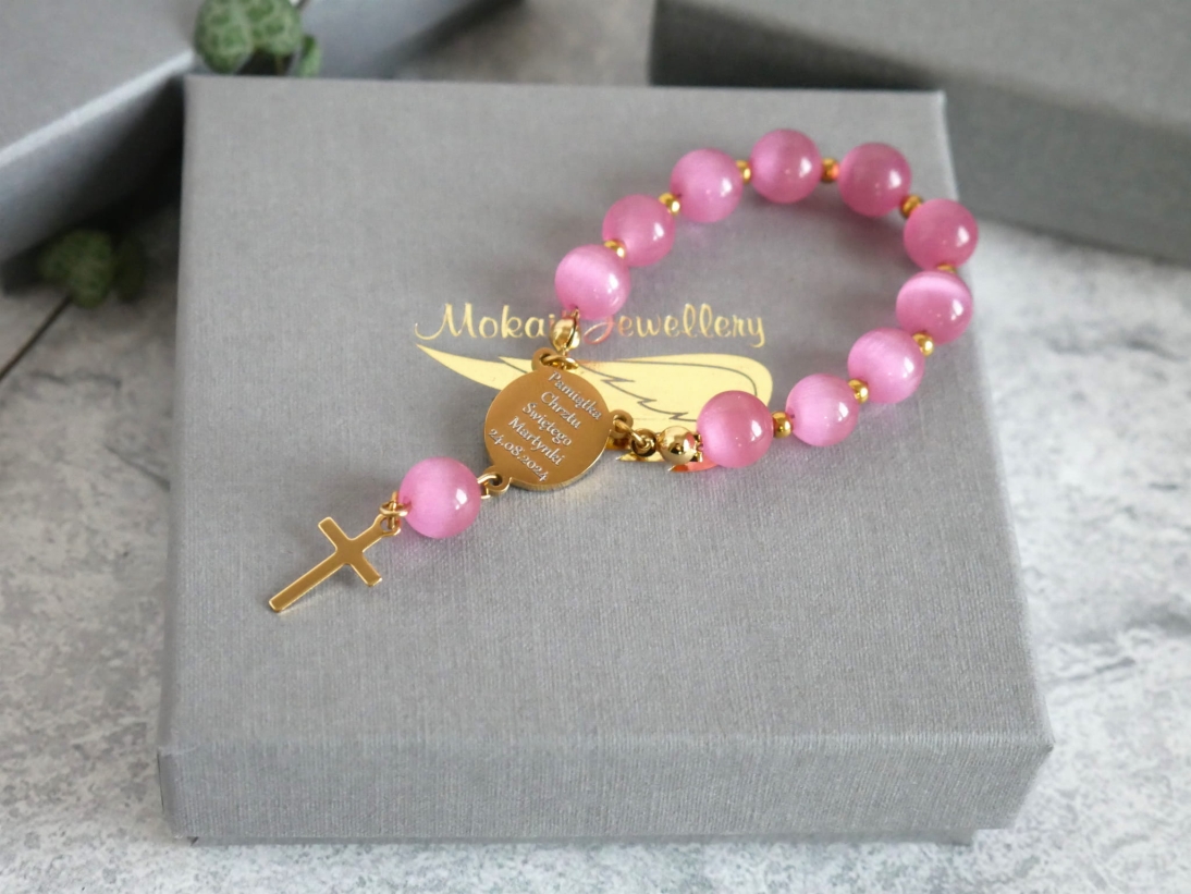 Pamiątka Chrztu Świętego – Różowy różaniec z grawerem – imie + data – Różaniec personalizowany – Dowolny grawer – Kamień różowe kocie oko - P1210574.JPG