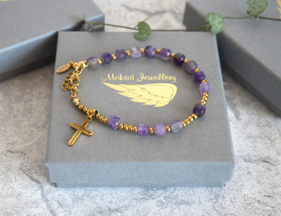 Bransoletka różaniec na ręke z kamieni  Ametyst -  Bransoletka z krzyżem regulowana z zapięciem - P1210712.JPG