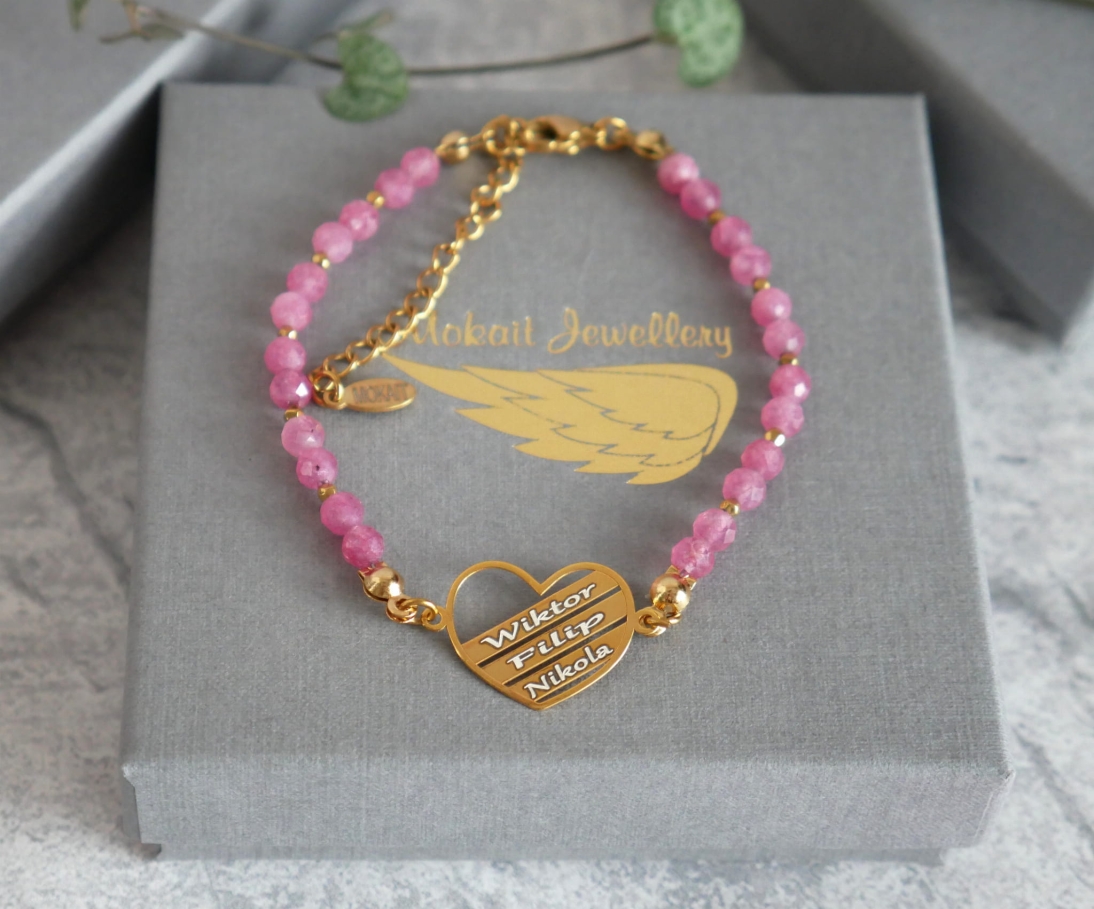  Bransoletka z sercem trzy linijki - Kamień różowy turmalin i hematyt - Bransoletka personalizowana z trzema imionami - Bransoletka z sercem trzy linijki - Kamień rózowy turmalin - Bransoletka personalizowana z trzema imionami