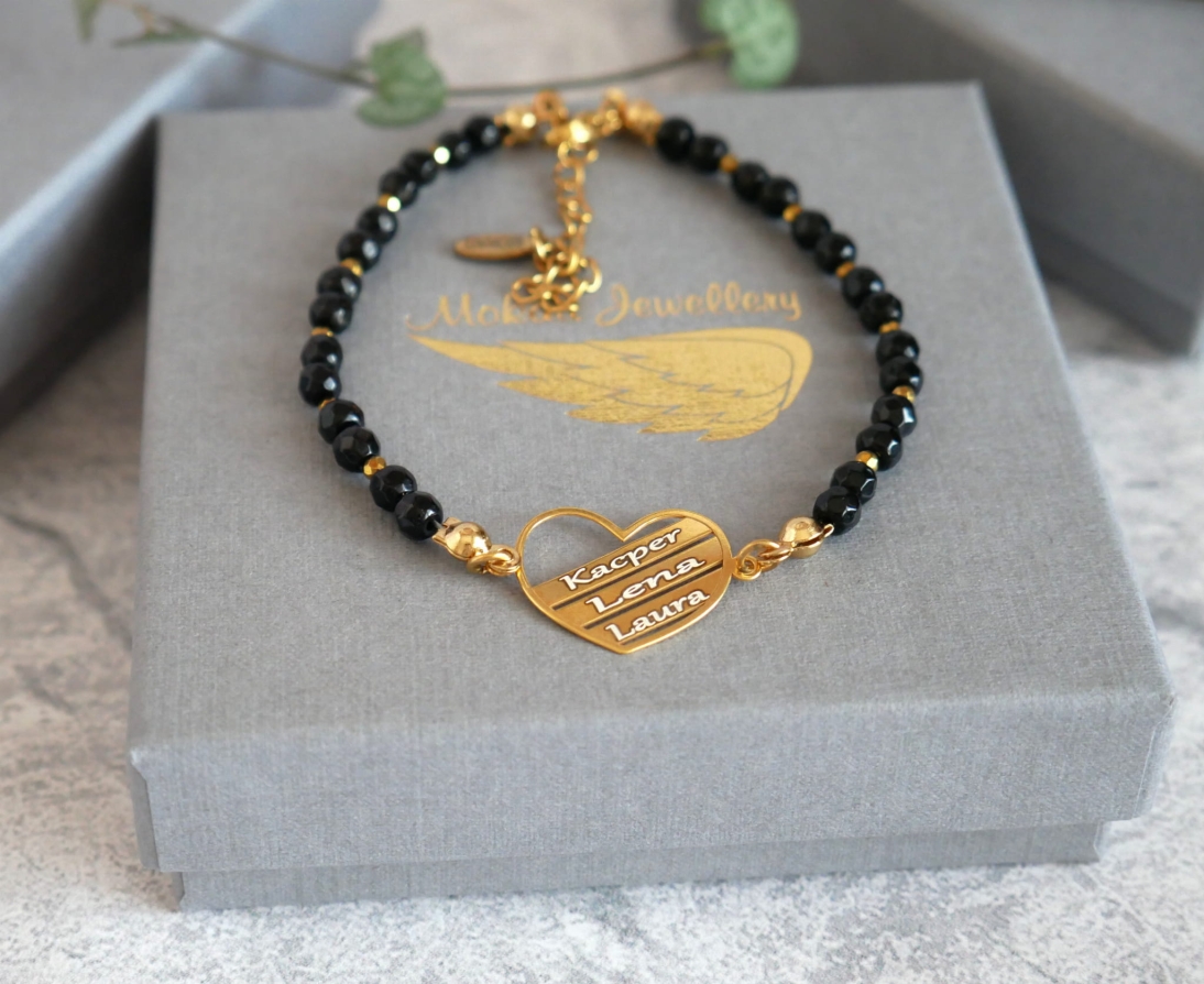  Bransoletka z sercem trzy linijki - Kamień onyks czarny i hematyt - Bransoletka personalizowana z trzema imionami  - Bransoletka z sercem trzy linijki - Kamień onyks czarny - Bransoletka personalizowana z trzema imionami