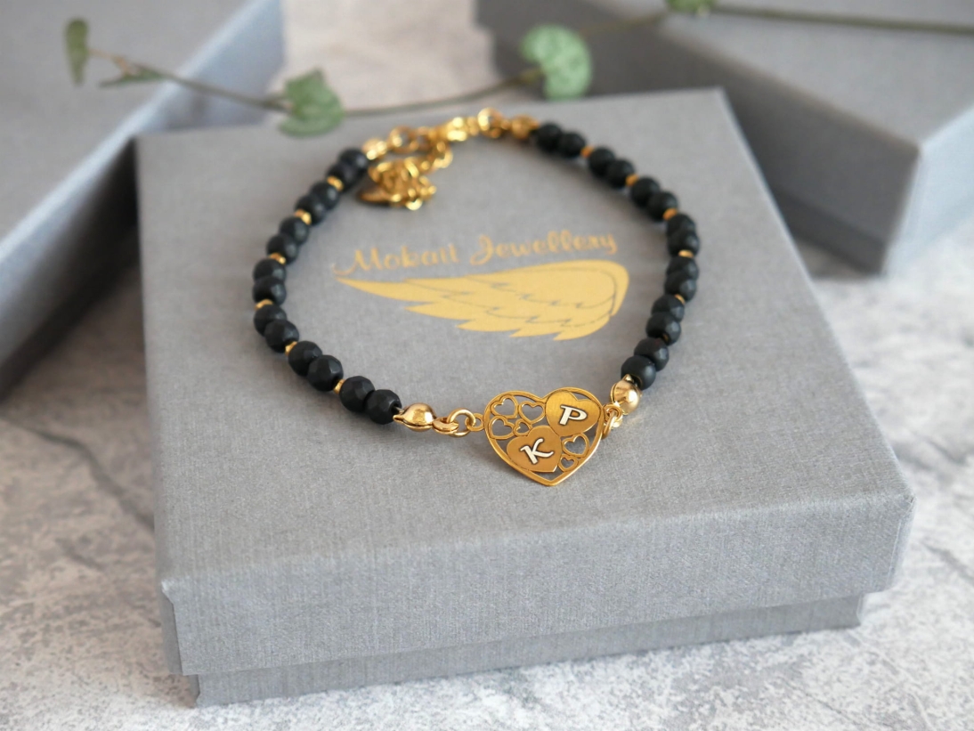  Bransoletka serca w sercu - Kamień onyks czarny matowy i hematyt - Bransoletka personalizowana z grawerem  - Bransoletka serca w sercu - Kamień onyks czarny matowy i hematyt - Bransoletka personalizowana z grawerem