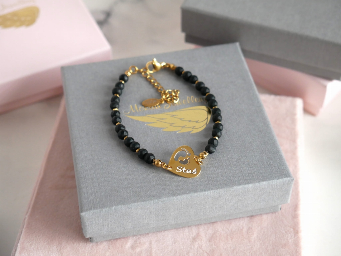  Bransoletka ze stópkami w sercu - Kamień onyks czarny i hematyt - Bransoletka personalizowana z grawerem - Bransoletka ze stópkami w sercu - Kamień onyks czarny i hematyt - Bransoletka personalizowana z grawerem