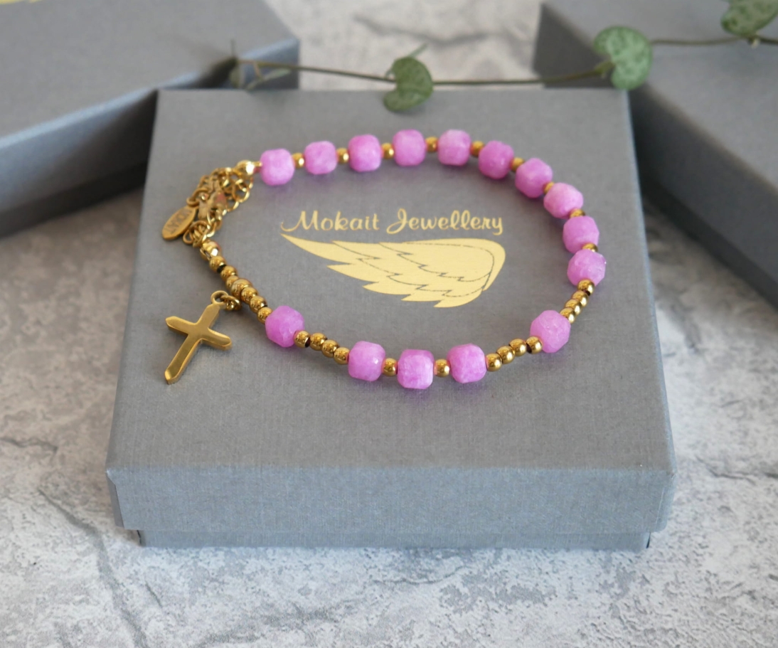 Bransoletka różaniec na ręke z kamieni różowy Jadeit -  Bransoletka z krzyżem regulowana z zapięciem  - Bransoletka różaniec na ręke z kamieni różowy Jadeit -  Bransoletka z krzyżem regulowana z zapięciem