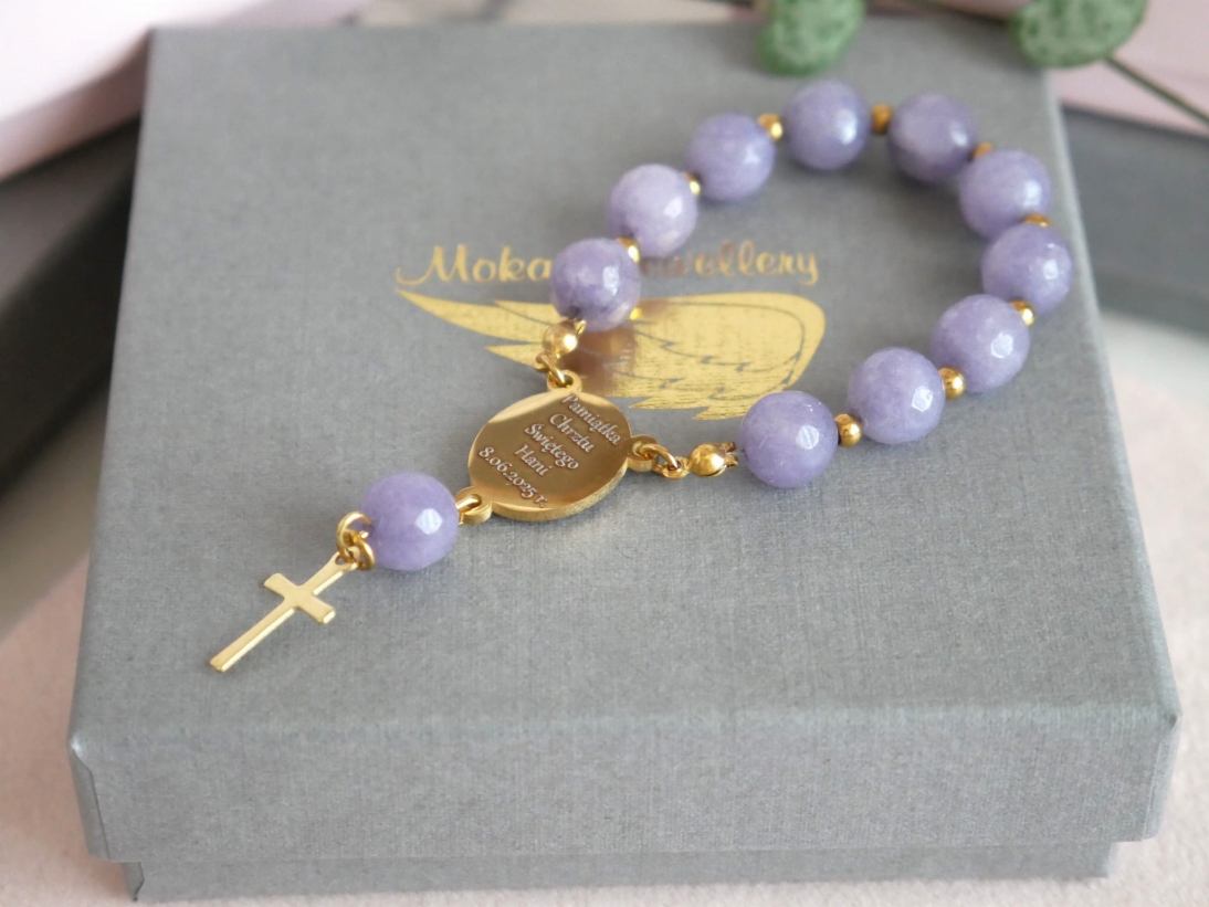 Pamiątka Pierwszej Komunii świętej - Niebieski różaniec z grawerem - imie + data - Różaniec personalizowany dziecięcy - Kamień Anhydryt