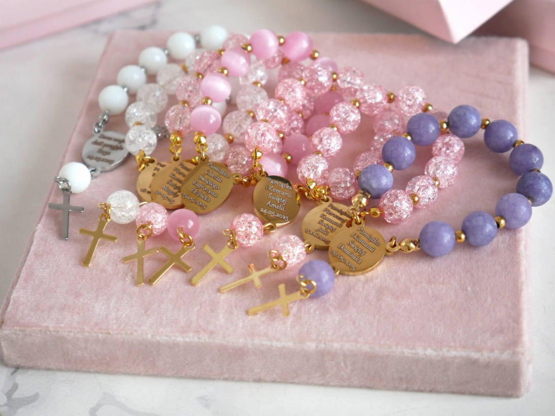 Pamiątka Chrztu Świętego dla dziewczynki lub chłopca - Kamień z grawerem - imie + data - Różaniec personalizowany dziecięcy  - Pamiątka Chrztu Świętego dla dziewczynki lub chłopca - Kamień z grawerem - imie + data - Różaniec personalizowany dziecięcy