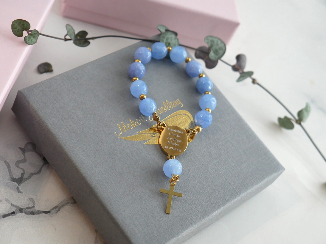 Pamiątka Chrztu Świętego - Niebieski  różaniec z grawerem - imie + data - Różaniec personalizowany dziecięcy - Kamień Jadeit niebieski - Pamiątka Chrztu Świętego - Niebieski  różaniec z grawerem - imie + data - Różaniec personalizowany dziecięcy - Kamień Jadeit niebieski