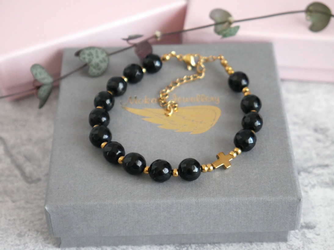 Bransoletka różaniec na ręke z kamieni Onyks Czarny z krzyżem -  Bransoletka z krzyżem regulowana z zapięciem - Bransoletka różaniec na ręke z kamieni Onyks Czarny z krzyżem -  Bransoletka z krzyżem regulowana z zapięciem