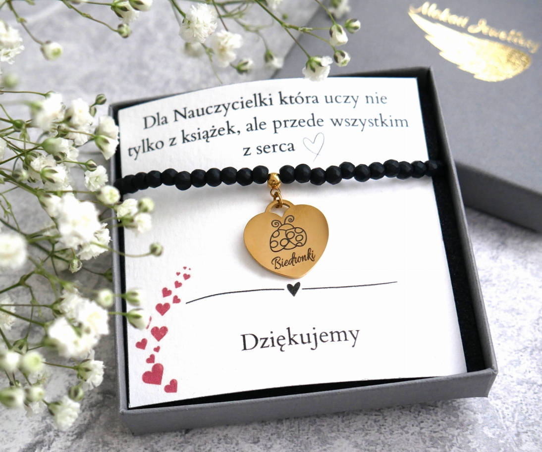 Bransoletka dla Nauczycielki z sercem z grawerem Biedronki - Kamień Onyks czarny matowy- Prezent  - dowolny wybór grafiki  - Grawer dwustronny - Bransoletka dla Nauczycielki z sercem z grawerem Biedronki - Prezent  - dowolny wybór grafiki  - Grawer dwustronny