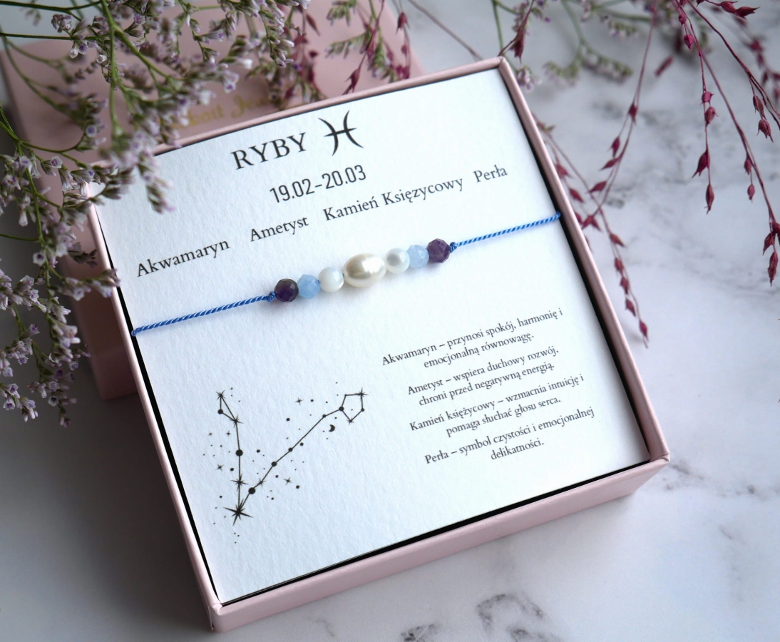 Bransoletka dla Znaku zodiaku Ryby na jedwabnym sznureczku - Kamienie Akwamaryn Ametyst Kamień Księżycowy Perła - Kolekcja Zodiakalna Ryby - Bransoletka dla Znaku zodiaku Baran na jedwabnym sznureczku - Kamienie Akwamaryn Ametyst Kamień Księżycowy Perła - Kolekcja Zodiakalna Baran