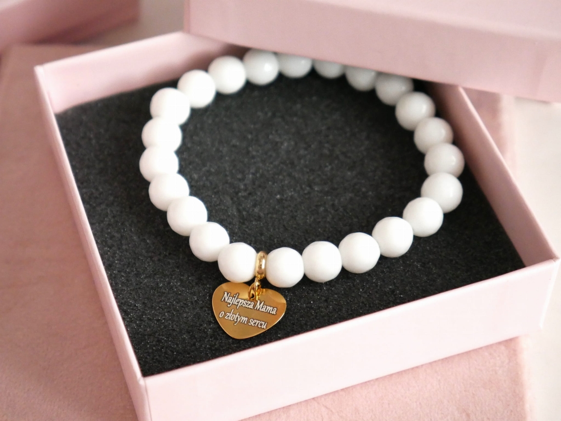 Configurator  >> Natural stone bracelet with one charm with your own engraving - Personalized jewelry - bransoletka z kamienia agat biały z sercem z grawerem