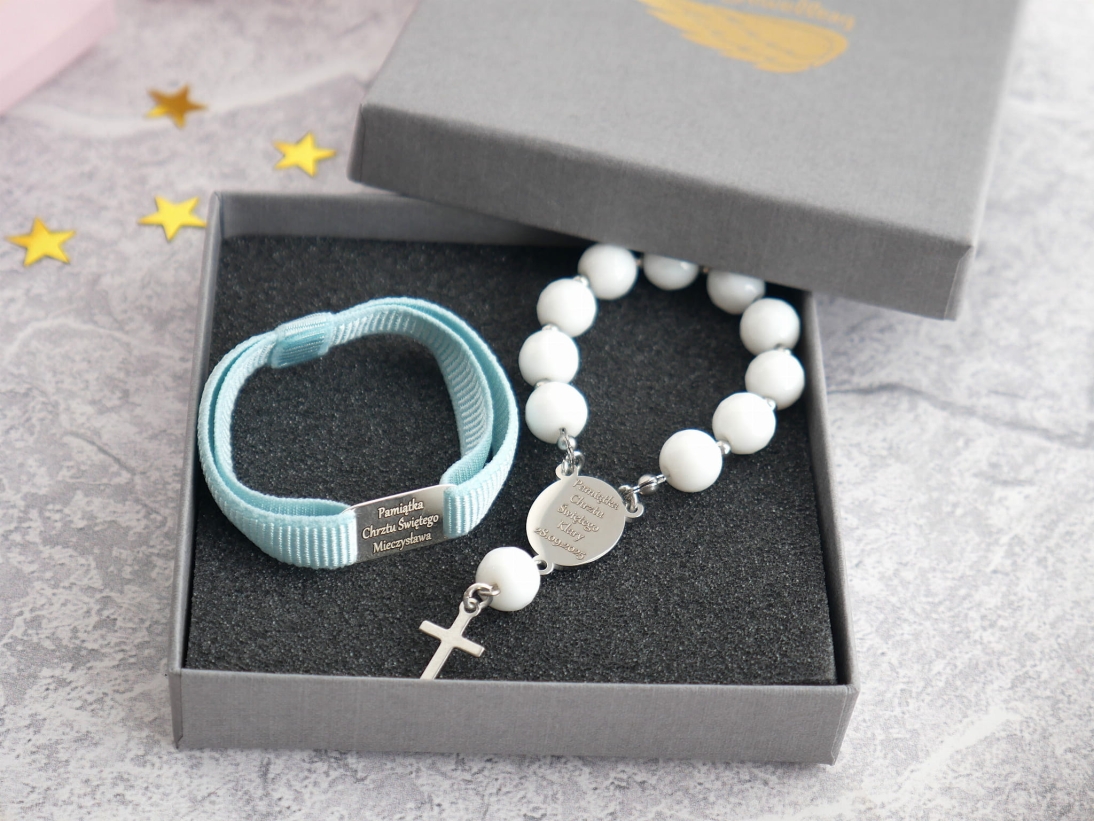 Zestaw Pamiątka Pierwszej Komunii Świętej dla Chłopca - różaniec Kryształ biały i bransoletka dla chłopca - Dowolna personalizacja