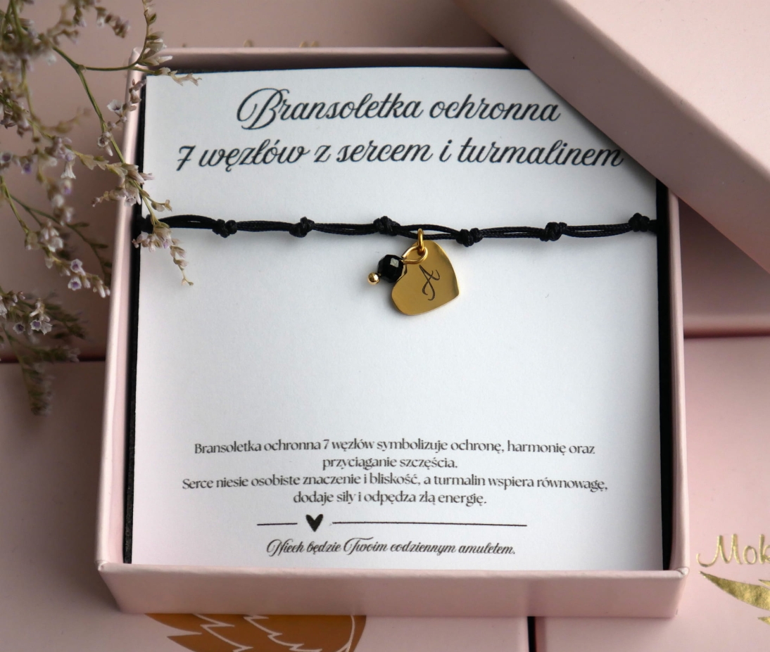 Bransoletka 7 węzłów z turmalinem i sercem z inicjałem - Pomysł na prezent - bransoletka ochronna czarna - Bransoletka 7 węzłów z turmalinem i sercem z inicjałem - Pomysł na prezent - bransoletka ochronna czarna