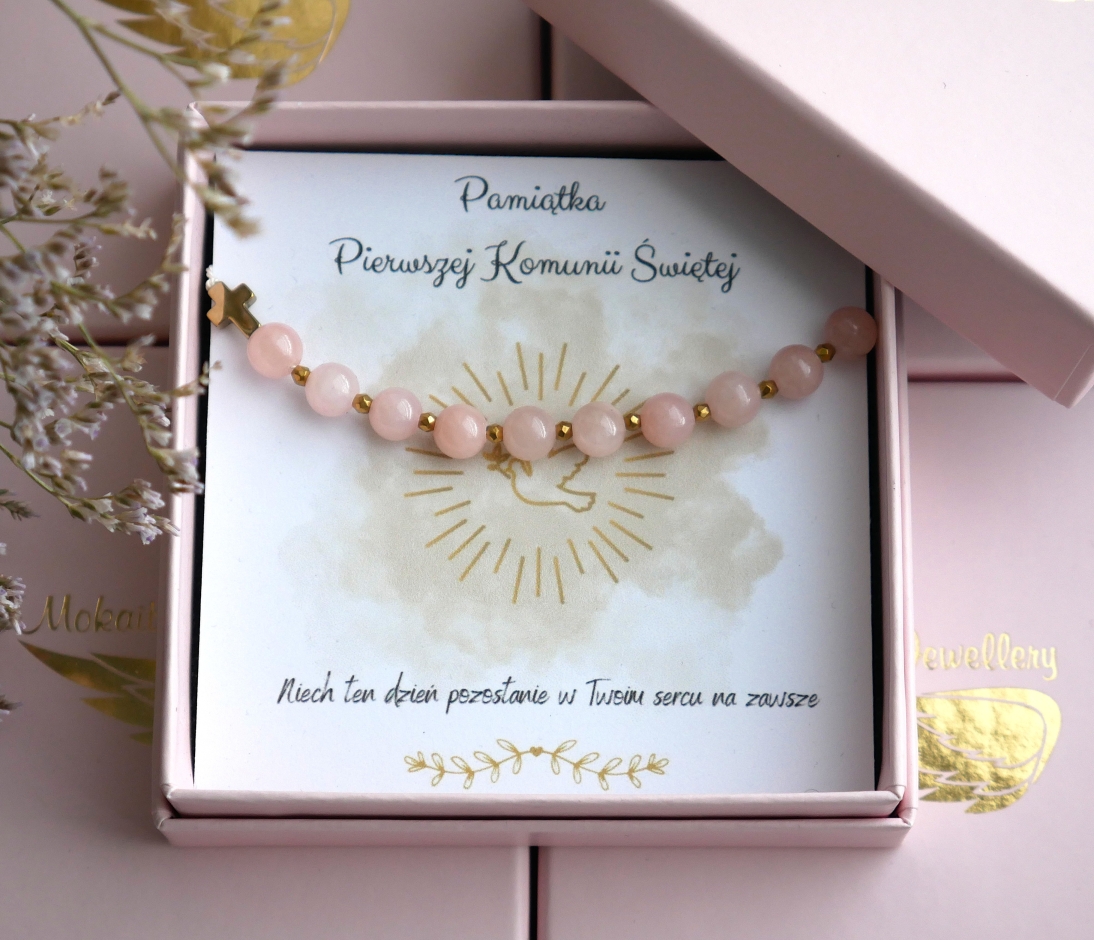 Pamiątka Pierwszej Komunii Świętej - Bransoletka dziesiątka różańca z krzyżykiem - kamień jasny róż