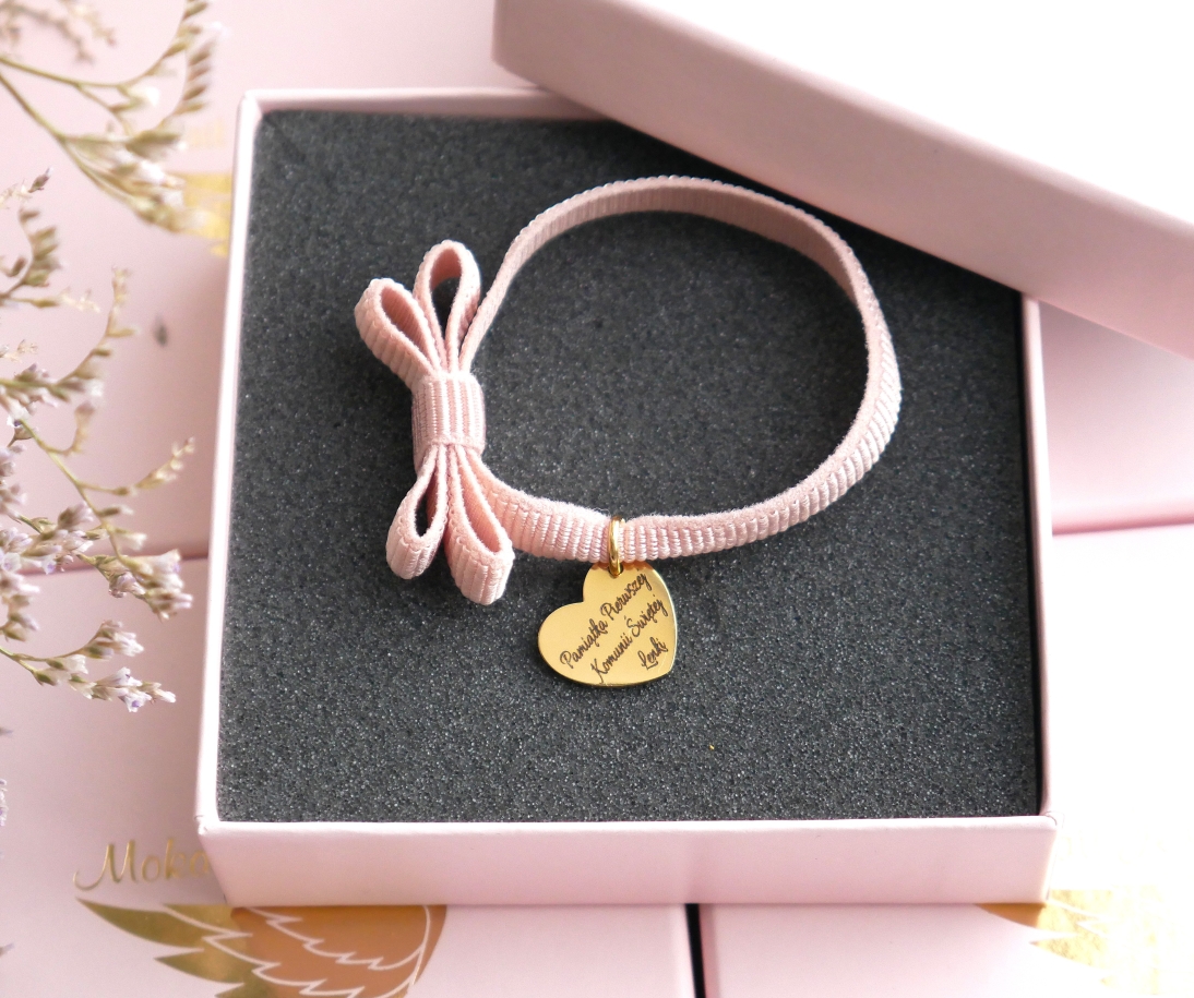 Pamiątka Pierwszej Komunii Świętej - Różowa bransoletka z Serduszkiem na komunię dla dziewczynki - Bransoletka personalizowana - stal