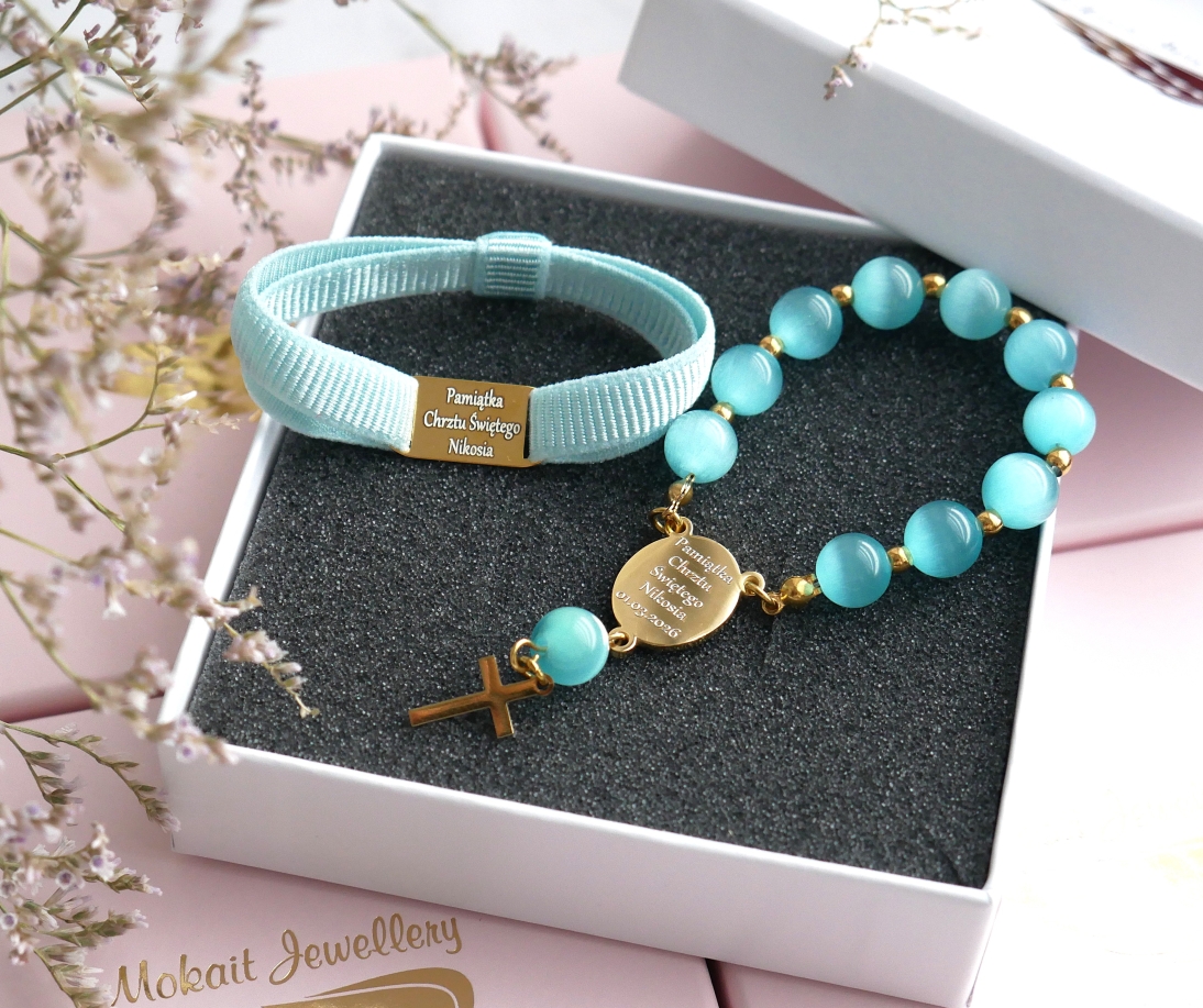 Zestaw Pamiątka Pierwszej Komunii Świętej dla Chłopca - różaniec Niebieskie kocie oko i bransoletka dla chłopca - Dowolny grawerunek