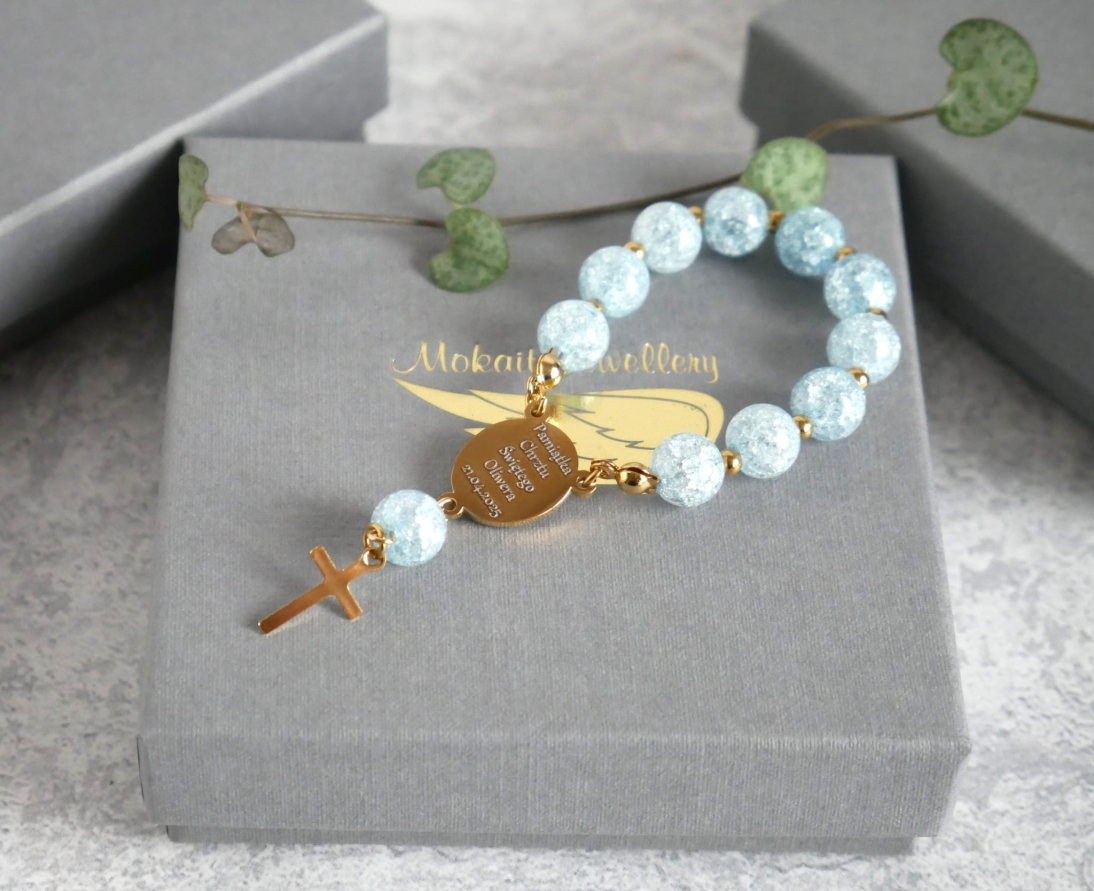 Pamiątka Pierwszej Komunii Świętej - Niebieski różaniec z grawerem - imie + data - Różaniec personalizowany  - Pomysł na prezent komunijny