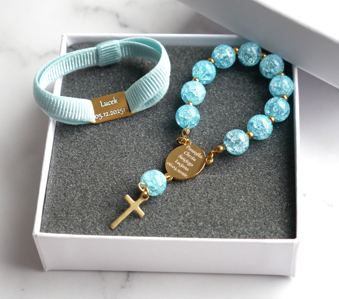 Zestaw Pamiątka Pierwszej Komunii Świętej - różaniec Kryształ niebieski  i bransoletka dla chłopca - Dowolna personalizacja  - Prezent na Komunię dla chłopca