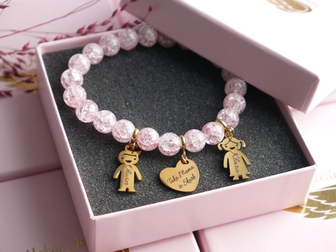 Prezent Bransoletka dla Mamy z sercem Taka Mama to Skarb i z imionami dzieci - Bransoletka personalizowana - Pomysł na prezent na dzień mamy  - kryształ róż