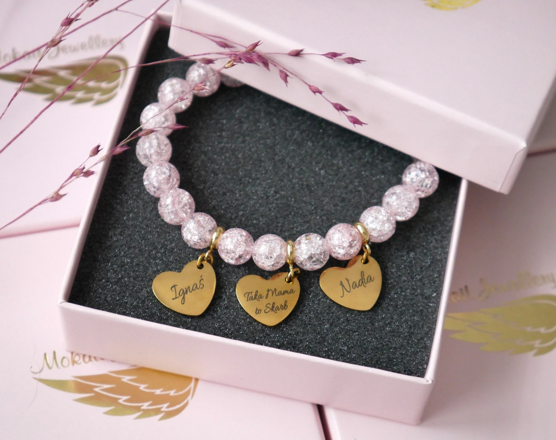 Prezent Bransoletka dla Mamy z sercem Taka Mama to Skarb i z imionami dzieci - Bransoletka personalizowana - Pomysł na prezent na dzień mamy  - kryształ róż 