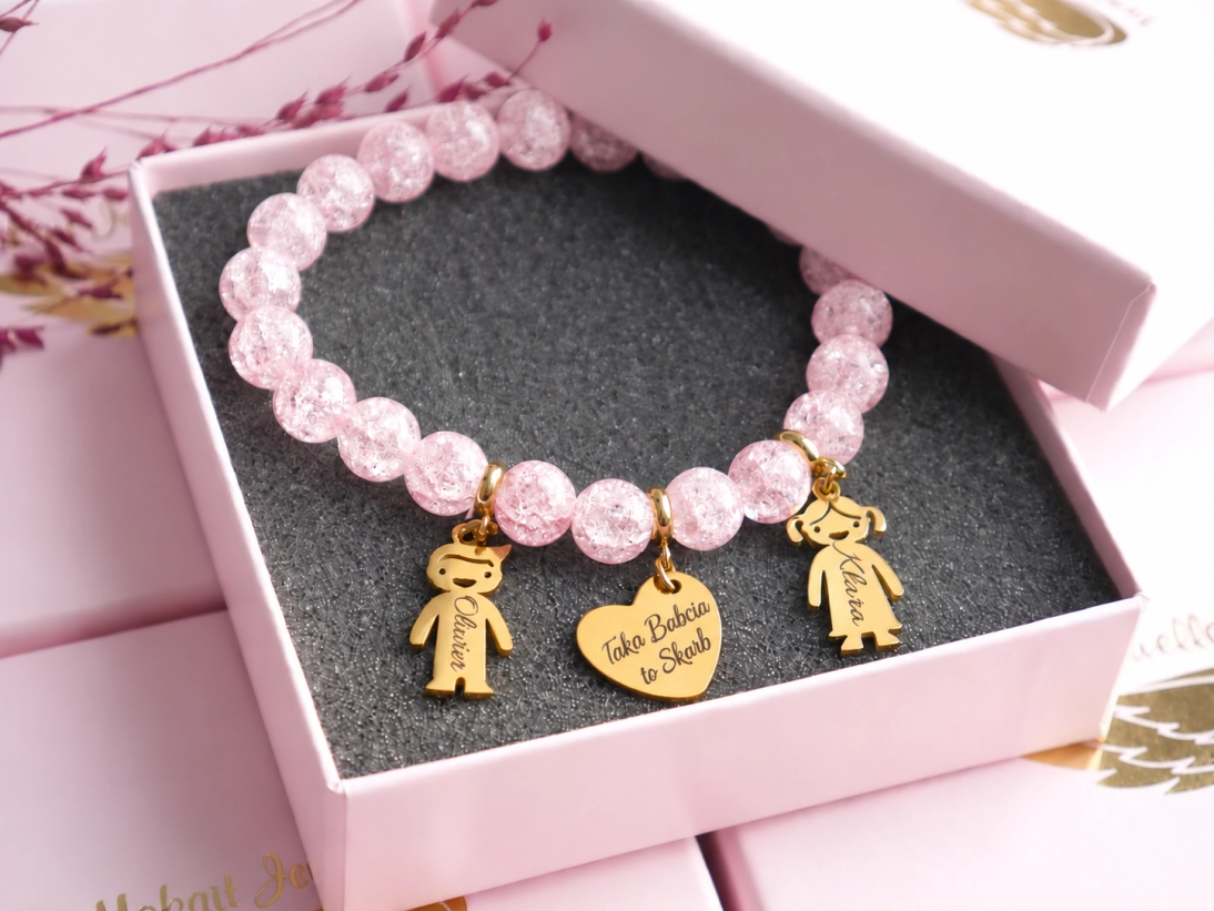 Prezent Bransoletka dla Babci z sercem Taka Babcia to Skarb i z imionami - Bransoletka personalizowana - Pomysł na prezent na Dzień Babci  - kryształ róż