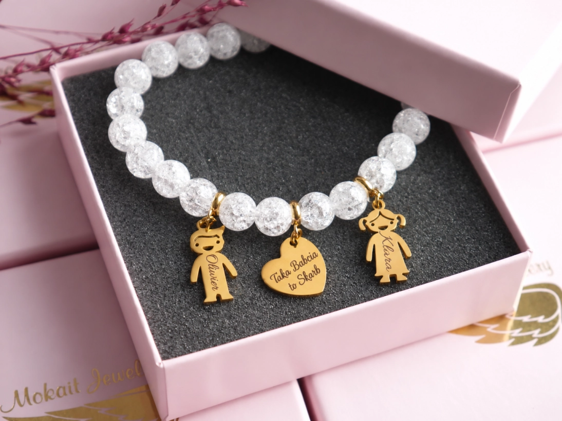 Prezent Bransoletka dla Babci z sercem Taka Babcia to Skarb i z imionami - Bransoletka personalizowana - Pomysł na prezent na Dzień Babci - kryształ biały