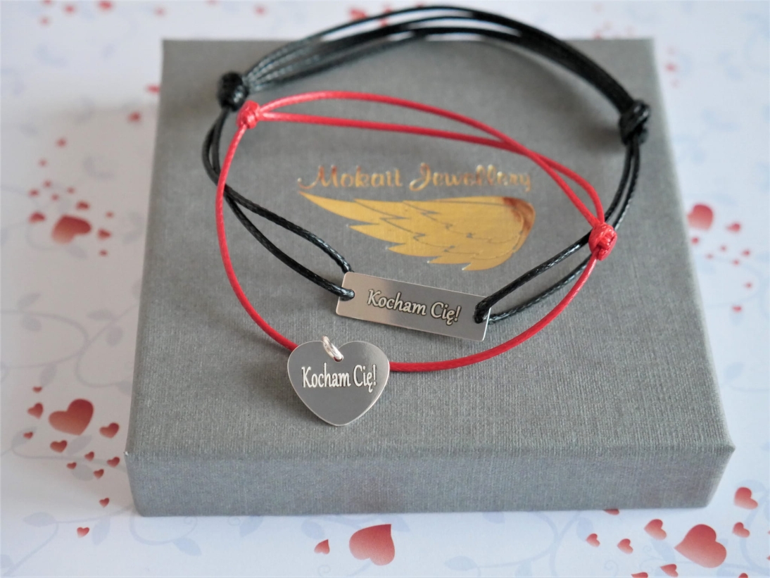 Zestaw Bransoletek dla Niej i dla Niego  ONA / ON na czarnym i czerwonym sznurku serce i prostokąt - Bransoletki dla Par - P1110252.jpg