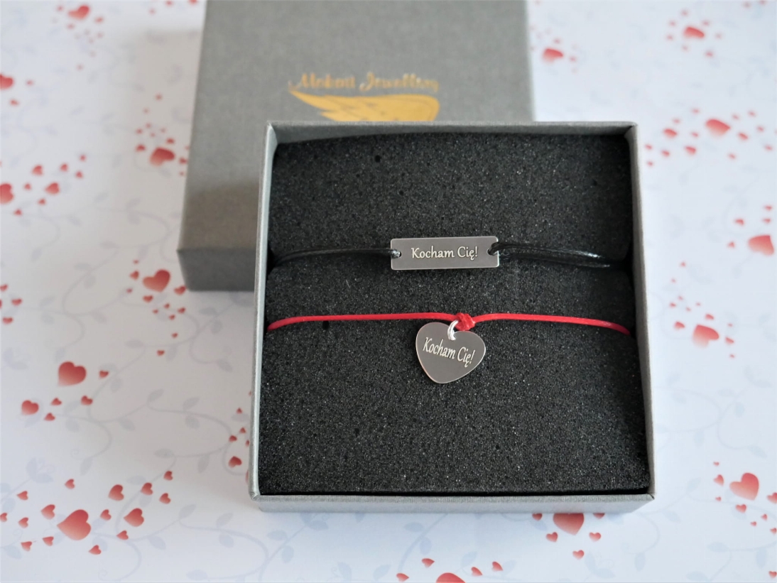 Zestaw Bransoletek dla Niej i dla Niego  ONA / ON na czarnym i czerwonym sznurku serce i prostokąt - Bransoletki dla Par - P1110265.jpg