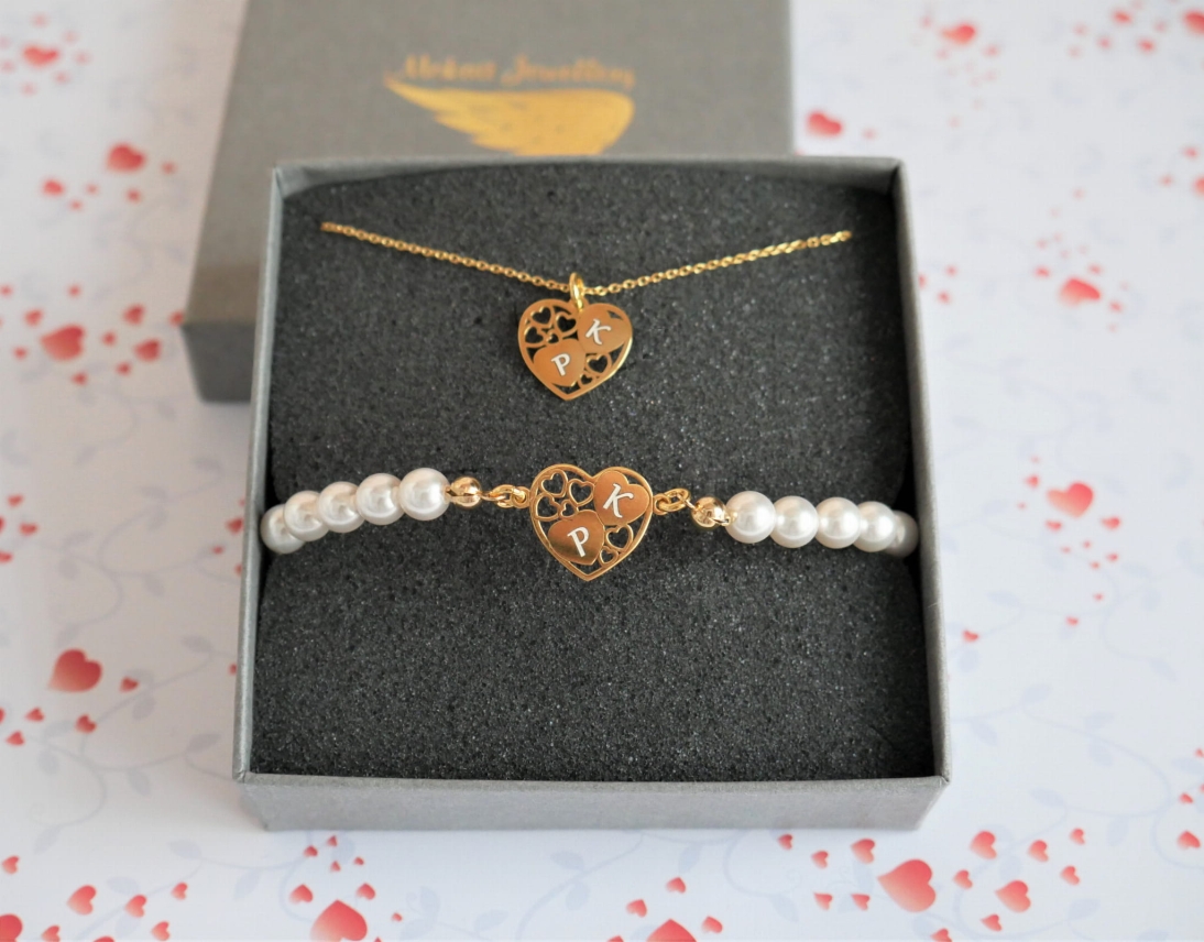 Zestaw Bransoletka Perły  + Naszyjnik z zawieszką Serca w sercu  - Zestaw Bransoletka Perły  + Naszyjnik z zawieszką Serca w sercu