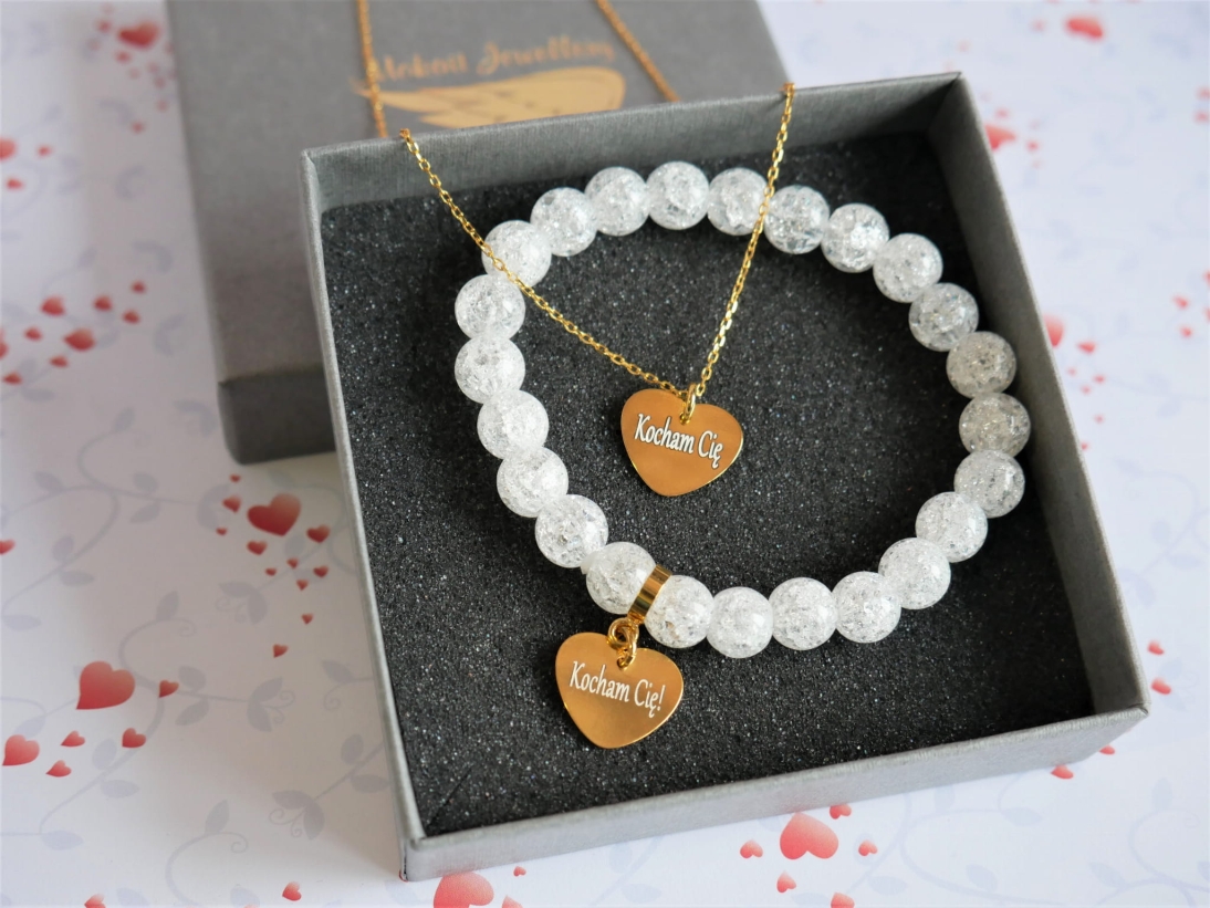 Zestaw Bransoletka kamień kryształ biały z sercem + Naszyjnik z sercem z grawerem Kocham Cię - P1110396.jpg