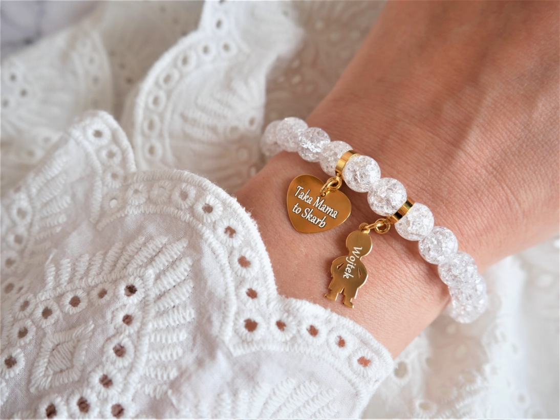 Bransoletka kamień kryształ biały dla mamy z dzieckiem i serce Taka mama to skarb - Bransoletka dla mamy z dzieckiem i serce Taka mama to skarb