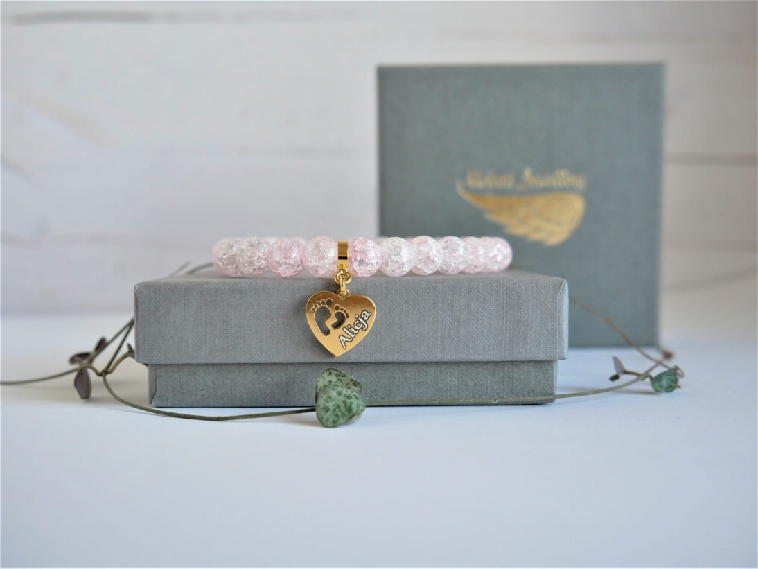 Bransoletka dla Mamy ze stópkami dziecka w sercu z kamieniem kryształ różowy - Bransoletka dla Mamy ze stópkami w sercu z kamieniem kryształ różowy Mokait