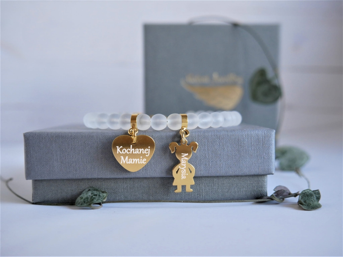 Bransoletka Prezent dla mamy z dzieckiem Serce Taka Mama to Skarb kamień alabaster matowy z dowolnym imieniem chłopiec/dziewczynka - Bransoletka Prezent dla mamy z dzieckiem Serce Taka Mama to Skarb kamień alabaster matowy z dowolnym imieniem