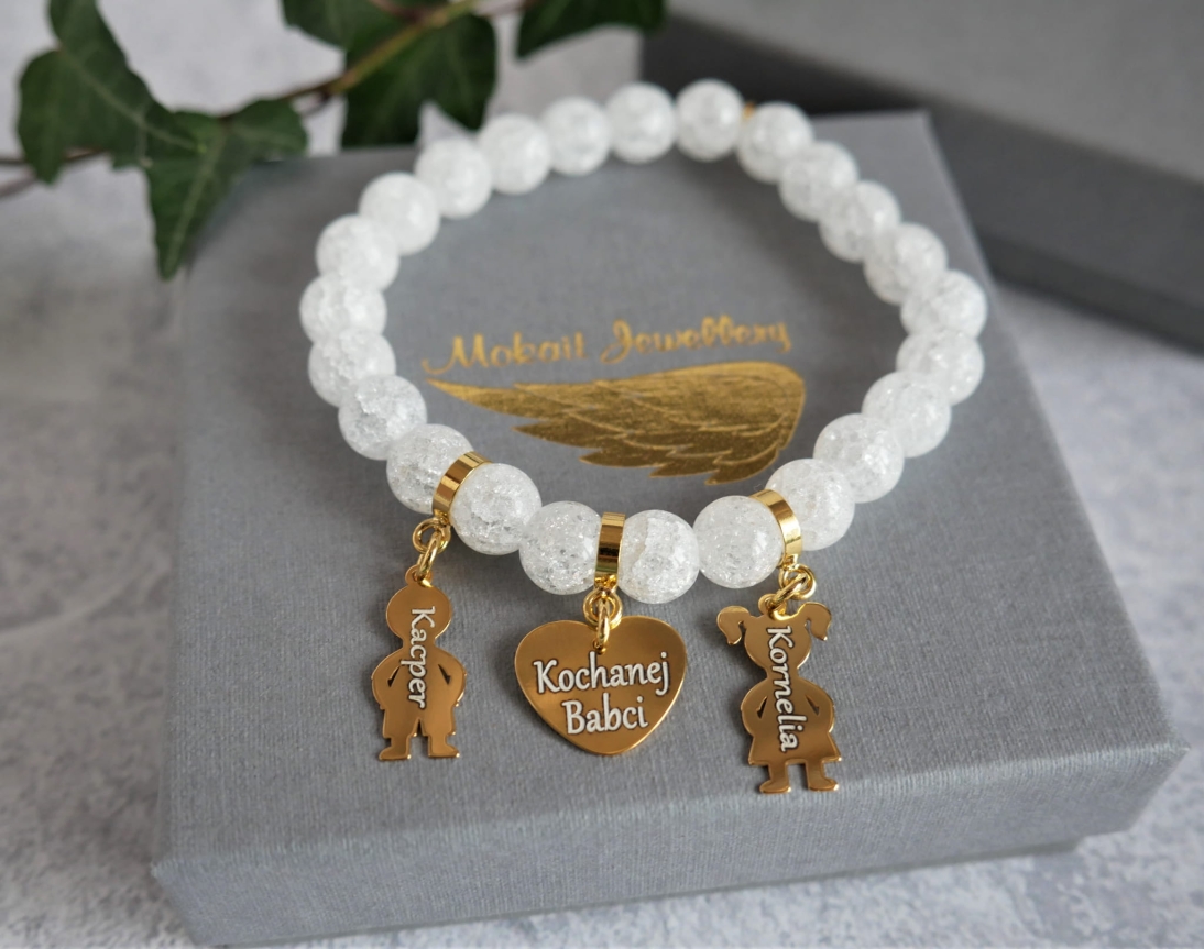 Bransoletka kamień kryształ biały dla Babci z wnukami i serce Kochanej Babci - Bransoletka kamień kryształ biały dla Babci z wnukami i serce Kochanej Babci Prezent