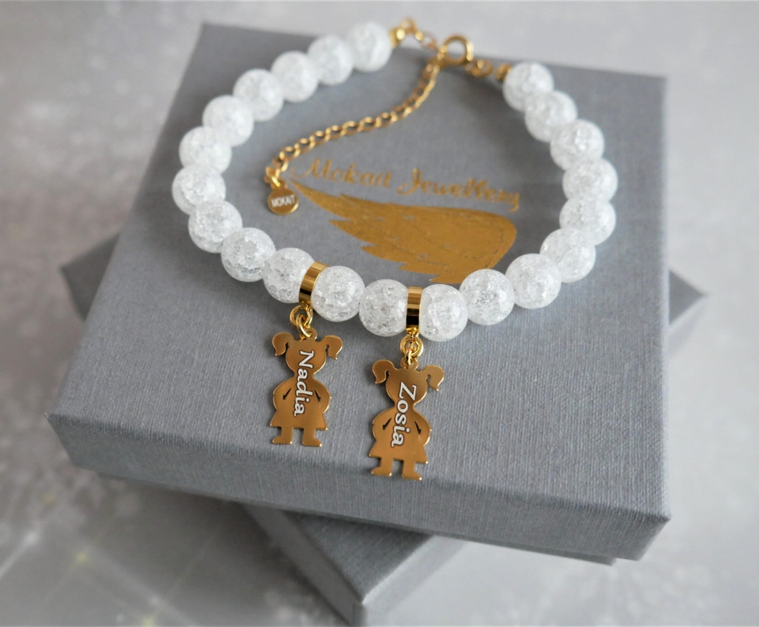 Bransoletka regulowana Kamień kryształ z dwiema dziewczynkami z dowolnymi imionami - Pomysł na prezent - bransoletka personalizowana z grawerem