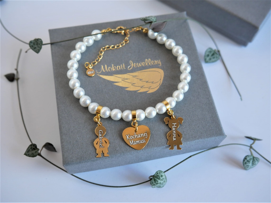  Bransoletka perły dla Mamy z sercem Kochanej mamusi - dowolne imiona dzieci - Bransoletka personalizowana - Bransoletka perły Mamy z sercem Kochanej mamusi - dowolne imię dziecka