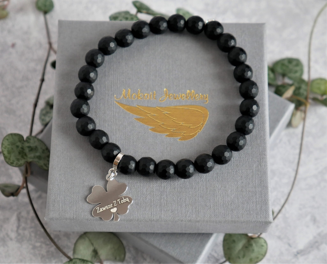 Bransoletka Kamień męska czarna / dla Niego z koniczynką - Biżuteria personalizowana  - P1150065.jpg