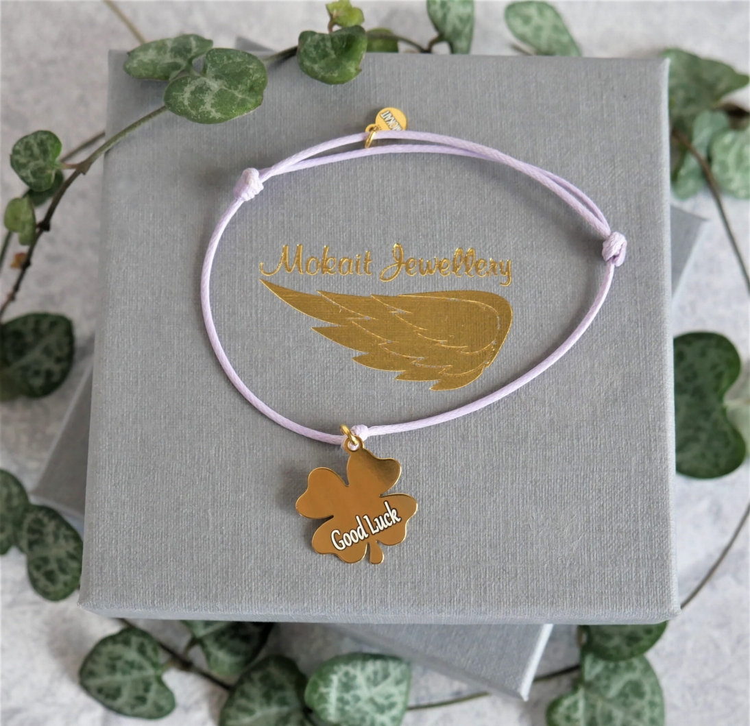 Bransoletka z koniczynką na lawendowym sznureczku dla przyjaciółki - Good Luck   - Bransoletka z koniczynką na lawendowym sznureczku dla przyjaciółki - Good Luck
